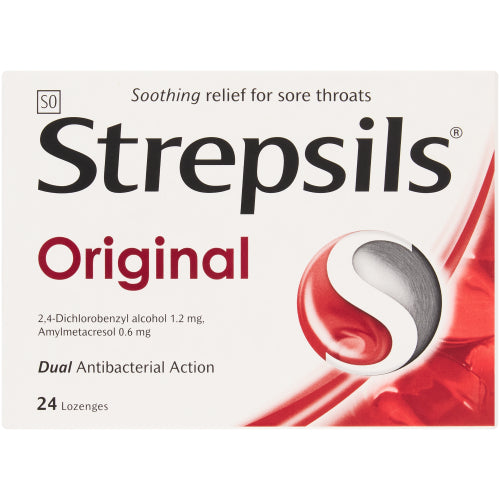 Strepsils Original provides soothing relief for sore throats. Strepsils Original contains a combination of 2 antiseptics to relieve minor throat and mouth infections. How to take Strepsils: Dissolve one lozenge slowly in the mouth every 2 to 3 hours. Do not exceed 12 lozenges in any 24-hour period. Cautions whilst taking Strepsils: You must see a doctor if your symptoms worsen or do not improve after 2 days. Keep out of reach of children. You should carefully read all product leaflets and labels prior to us