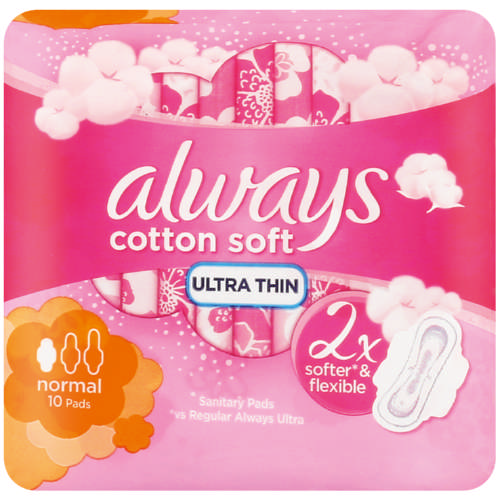 Always Cotton Soft Ultra Normal 10 Sanitary Pads are twice as soft as regular Always Ultra sanitary pads, providing the same protection and absorption. Despite its cotton-like feel, this product does not contain cotton.