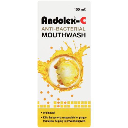 Andolex-C Anti-bacterial Mouthwash 100ml kills and inhibits the growth of bacteria, viruses and fungi, protecting teeth from plaque build-up and preventing gum disease. Andolex-C Oral Rinse Mouthwash is used for Gingivitis, Pain and inflammation of mouth and throat, Skin cleansing, Dental plaque and bacteria, Keratitis, Infection before any surgical procedure and other conditions.