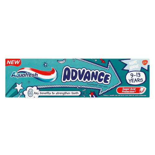 Aquafresh advance kids toothpaste benefits to strengthen teeth Healthy gums. Cavity prevention Enamel protection Gentle on teeth Cleans in gaps &amp; spaces Fights plaque. With regular brushing New permanent teeth are 50% more vulnerable to damage than adult teeth and can take up to 3 years to reach full strength.