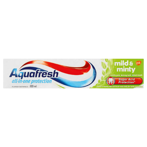 Aquafresh All-In-One Fluoride Toothpaste Mild &amp; Minty provides complete oral care with a gentle, refreshing flavor. Its fluoride-rich formula strengthens enamel, fights cavities, and helps prevent plaque buildup while ensuring long-lasting freshness for a healthy, confident smile.