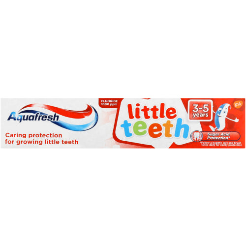 Aquafresh Little Teeth Fluoride Toothpaste is specially designed for children aged 3-5 years to protect and strengthen their developing teeth. With a gentle, kid-friendly formula and a low-abrasion fluoride system, it helps prevent cavities, strengthens enamel, and promotes healthy oral hygiene habits from an early age.