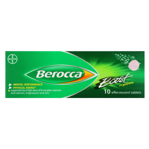 Berocca Boost 10 Effervescent Tablets contains B-vitamins, minerals and guarana for the ultimate energy boost. Not only does it taste great but it gives you that extra kick when tackling the hustle and bustle of everyday life