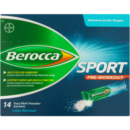 Berocca Sport Powder 14s reduces tiredness and fatigue, supports electrolyte balance, helps improve your focus and supports your muscles and nerves.