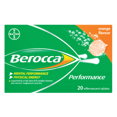 Berocca performance 20s  is a daily multivitamin that supports mental performance and physical well-being throughout the day. It helps reduce stress and fatigue, and improves concentration.