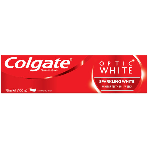 Colgate Optic White Fluoride Toothpaste Sparkling Mint 75ml help to scrub stains away and is clinically proven to remove up to 100% of extrinsic stains. For a pearly white smile, use twice a day!
