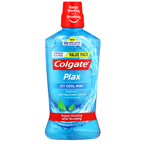 Colgate Plax Icy Cool Mint 750ml is an alcohol-free mouthwash that offers 12 benefits in 1, as well as 12 hours of protection against 99.9% of germs and plaque. Helps fight gum problems. Prevents plaque and germ build up.