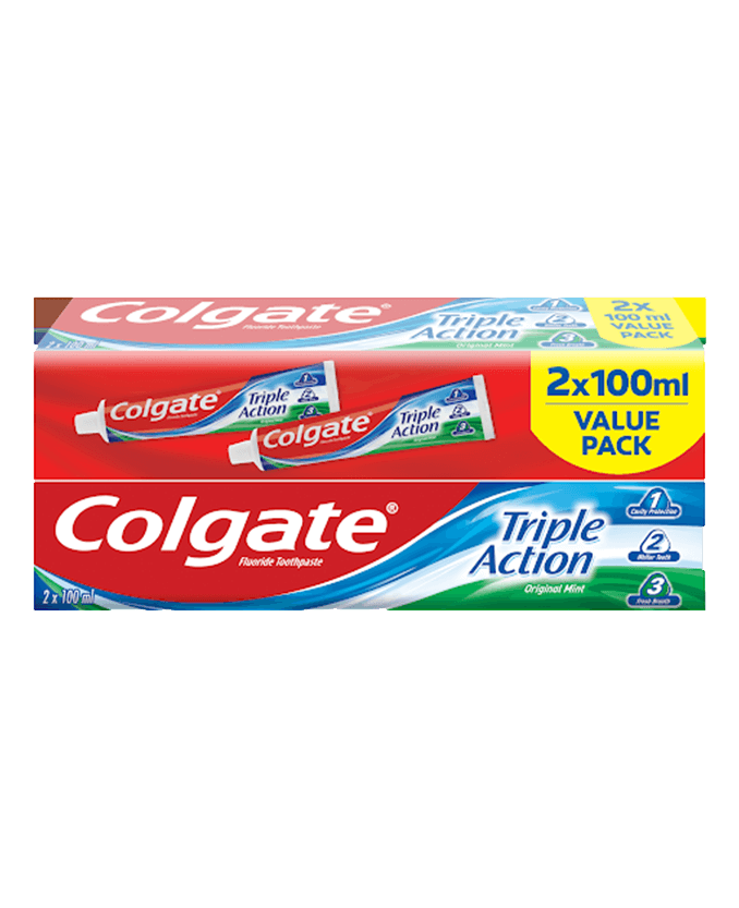 Colgate triple action duo pack helps fight plaque between teeth & along the gum line