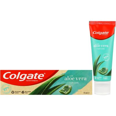 Colgate with Aloe Vera 75ml exclusive formula that contains activated charcoal and mint for an uplifting, clean mouth experience. With an icy, sweet mint flavour inspired by the richness of nature and natural ingredients for healthy oral care, this fluoride toothpaste provides cavity protection for the whole family.