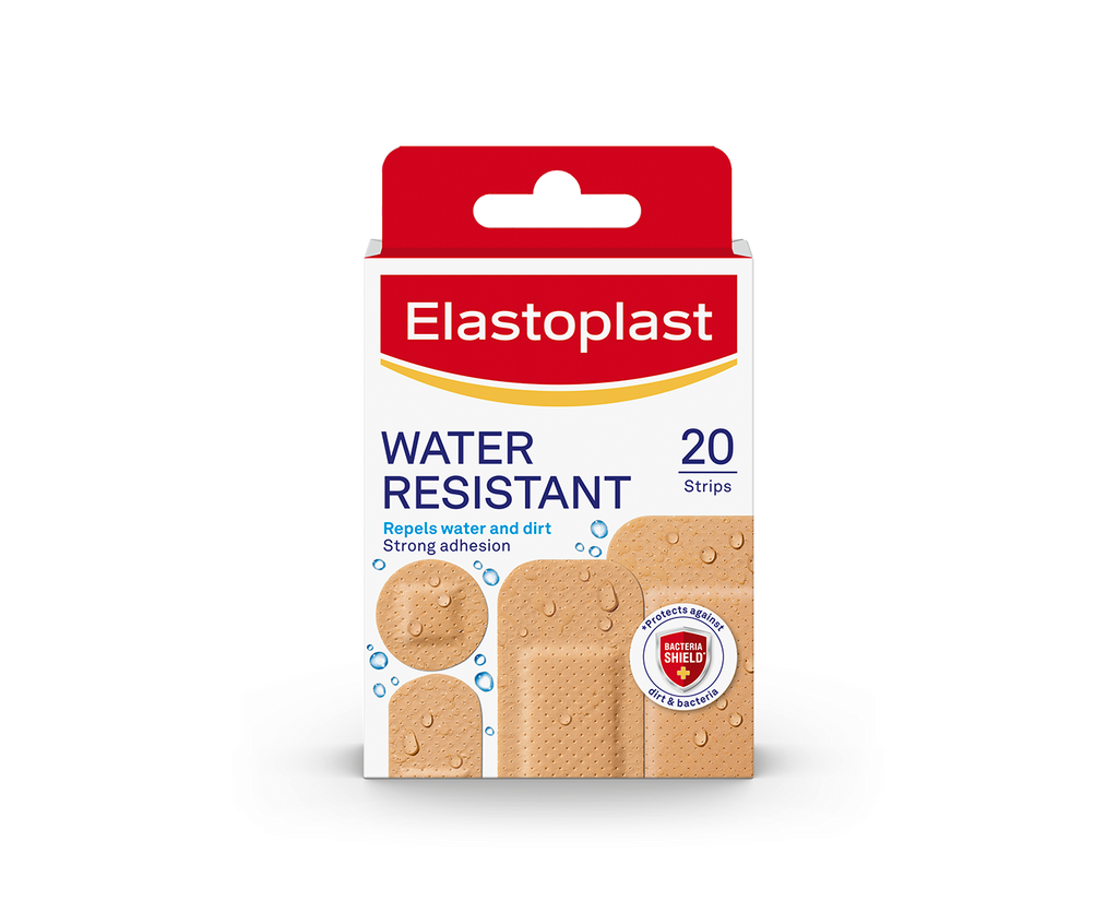 Elastoplast Water Resistant plasters are suitable for covering all types of smaller wounds.  The material is breathable and is water-repellent. The non-stick wound pad protects and cushions the wound. The strong adhesion ensures that the plaster stays in place. The plasters are available as strips in different sizes which seal all around the wound.