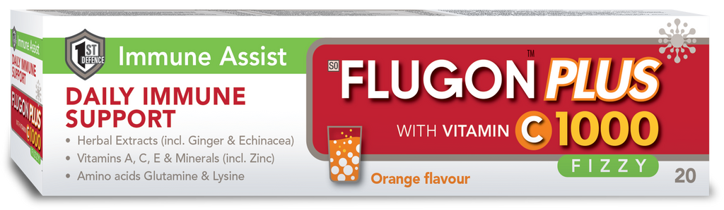 Flugon Plus Effervescent Tablets 20 Fizzies is your daily immune support solution against colds and flu. Enriched with ginger and Echinacea, vitamins A, C, E &amp; Zinc, it helps prevent infections while targeting existing infections like bronchitis, sinusitis and more.