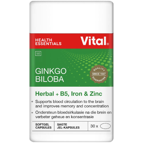 Vital Ginkgo Biloba 30 Capsules delivers 7000mg of extract to help improve your memory and allow you to concentrate better. It works by increasing the blood flow to the brain to improve its functions. Also helps with a healthy circulation.