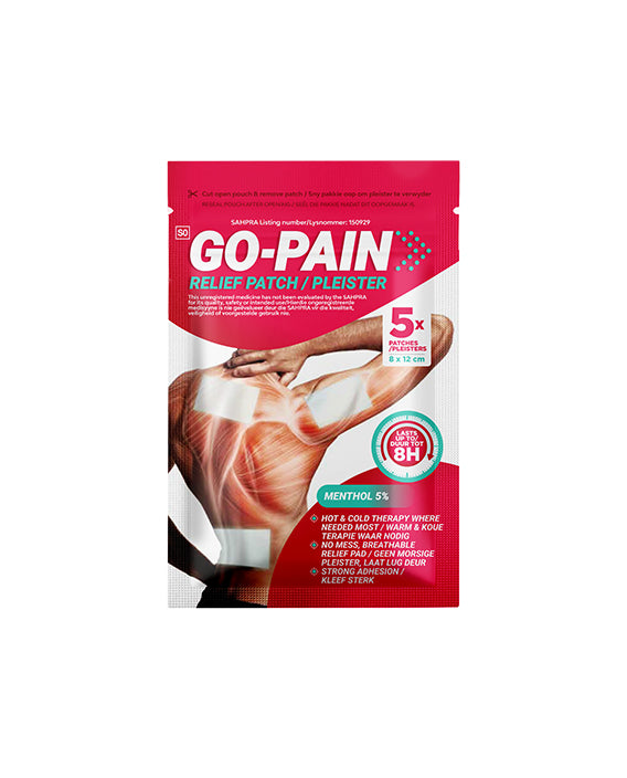 Go-Pain Relief 5 Patches provide targeted, long-lasting relief for muscle aches, joint pain, and stiffness. Designed for comfort and convenience, these patches deliver deep-penetrating relief, allowing you to stay active without interruptions. Contains 5% menthol for up to 8 hours of pain relief. For the relief of muscle aches, pains and tension.