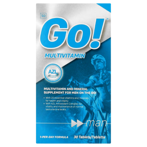 Go Multivitamin Man 30s It contains 20 essential vitamins and minerals for health and vitality, including the AZL antioxidant complex which maintains normal testosterone levels.