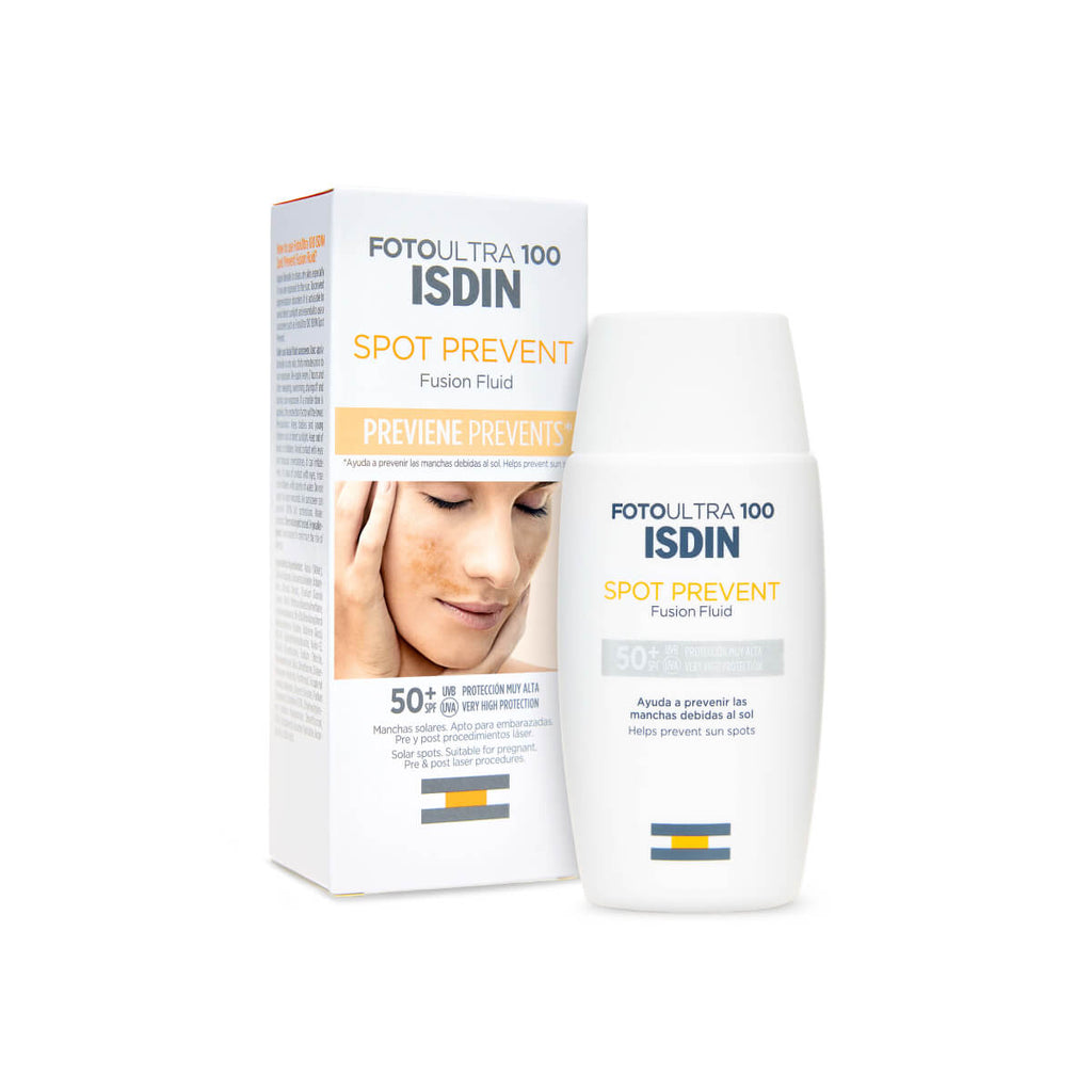 ISDIN Fotoultra 100 Spot Prevent 50ml  Highly efficient prevention and protection from hyperpigmentation, • Complementary protection from UVA rays. • With Hyaluronic acid that enhances the elasticity of the skin and reduces wrinkles. • With Allantoin which promotes skin regeneration