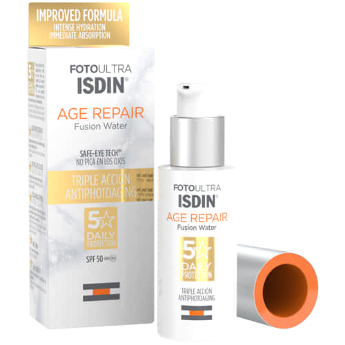 ISDIN Fotoultra Age repair triple action 50ml is a water-phased facial sunscreen that provides intense hydration, immediate absorption and offers a triple anti-aging action: protects, repairs and reverses. This formula has high UV protection and does not sting eyes.