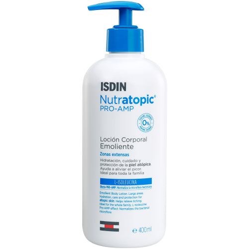 ISDIN Nutratopic PRO-AMP Emollient Lotion 400ml is specially formulated to moisturise and soothe atopic skin. This unique formula helps reinforce the natural immune system that defends your skin, and restores the right balance of your skin thanks to its emollient properties.   