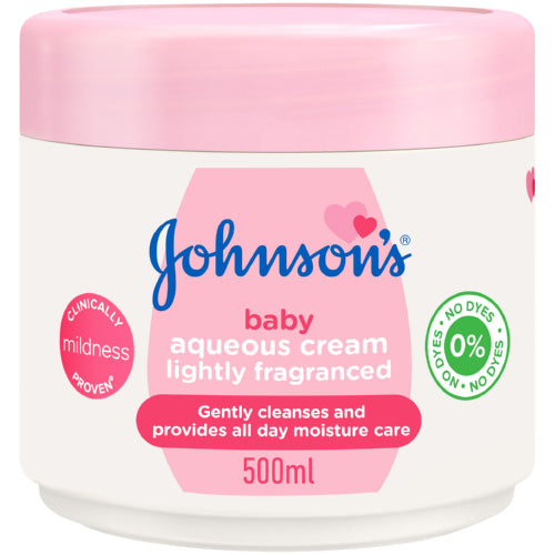 Johnson's Baby Aqueous Cream Lightly Fragranced 500ml is a gentle, dual-purpose solution designed to cleanse and moisturize delicate skin. Its hypoallergenic, dye-free formula, enriched with jelly and oils, provides 24-hour moisture, making it ideal for daily use on babies, children, and adults with sensitive skin.