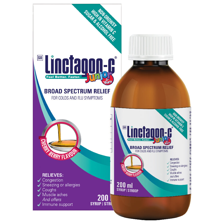 Linctagon-C Junior Cold & Flu Syrup 200ml offers comprehensive relief from common cold and flu symptoms in children aged 2 years and older. Formulated with high levels of Vitamin C and other active ingredients, this non-drowsy, sugar-free, and alcohol-free syrup supports your child's immune system effectively.