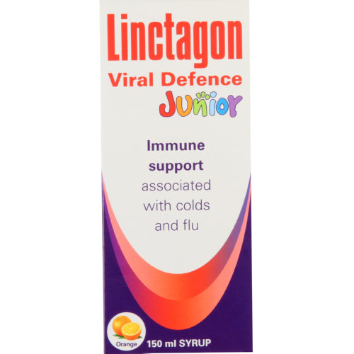 Linctagon Junior Viral Defence Syrup 150ml is a specially formulated supplement designed to bolster your child's immune system, helping them effectively combat common infections such as colds and flu. Enriched with natural ingredients like Fulvic Acid, rooibos extract, Vitamin A, and Vitamin E, this strawberry-flavored syrup offers comprehensive immune support.
