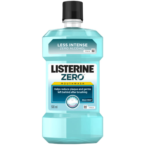 Listerine Mouthwash Zero Mild Mint 500ml formulated to help reduce the plaque and germs that brushing leaves behind. It is less intense, yet proven to clean and protect the entire mouth. Strengthens tooth enamel even in hard-to-reach areas