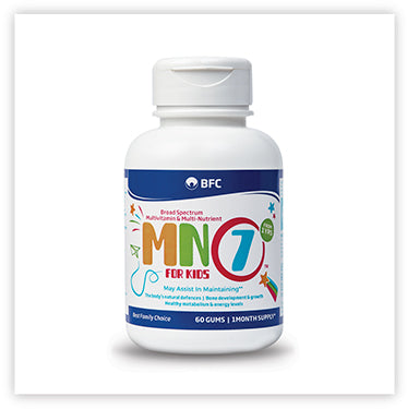 BFC MN7 for kids 60s gums packed with vitamins, minerals and antioxidants which may support bone development, growth and metabolism, promote energy levels, improve nutrition and strengthen the body’s natural defences.