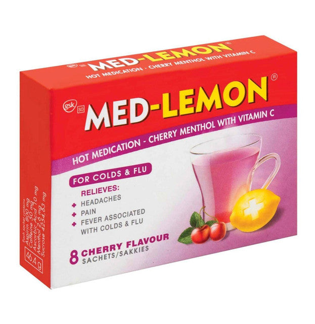 Med-Lemon Hot Medication Cherry Menthol 8 Sachets helps relieve headaches, pain and fever caused by colds and flu. Also contains Vitamin C to boost the immune system and get you back on your feet faster.