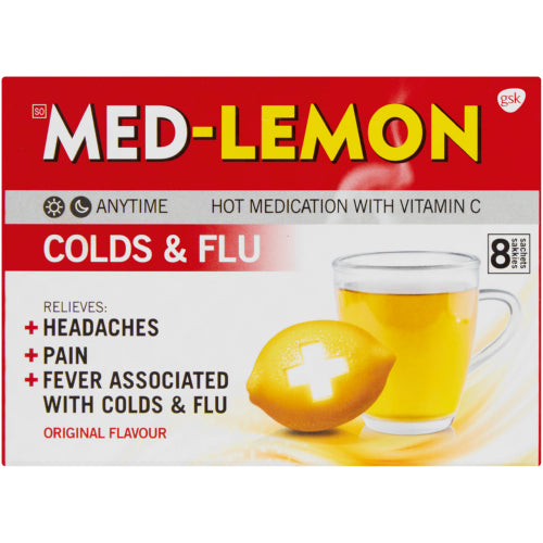 Med-Lemon Hot Medication Original 8 Sachets is a hot medication remedy that helps you fight off the symptoms of colds and flu, like headaches, pain and fever. Also contains vitamin C for added immune support.