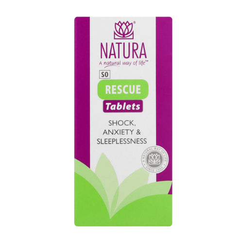 Natura Rescue Tabs 150s treats shock, anxiety, fear, grief and recurrent, stress-related insomnia with it’s gentle homeopathic-flower essence combination.