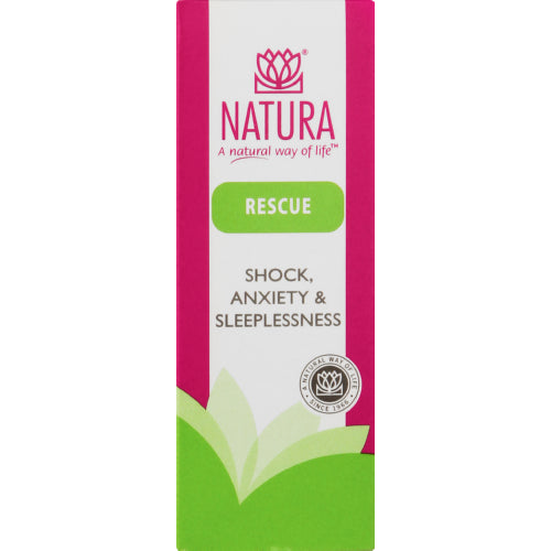 Natura rescue drops 25ml  treats shock, anxiety, fear, grief and recurrent, stress-related insomnia with it’s gentle homeopathic-flower essence combination.