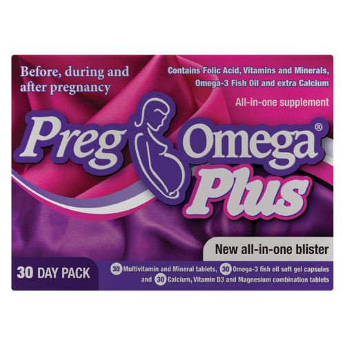 PregOmega Plus 30 Day Pack is an all-in-one supplement formulated for moms. It contains folic acid, vitamins and minerals, and omega 3 to support good health before, during and after pregnancy. Also contains extra calcium to promote good bone and teeth health.