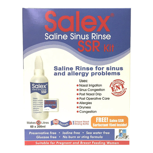 Salex Saline Rinse 1 is ideal for people suffering from symptoms related to sinus and allergies. Can be used for nasal irrigation, to treat post nasal drip, to relieve allergies and ease congestion.