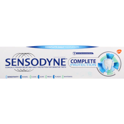 Sensodyne Complete Protection Toothpaste Original 75ml formulated with fluoride and is clinically proven to provide sensitive teeth with relief and protection. Also helps protect enamel and gums by removing plaque, and leaves breath fresh. Whitening.