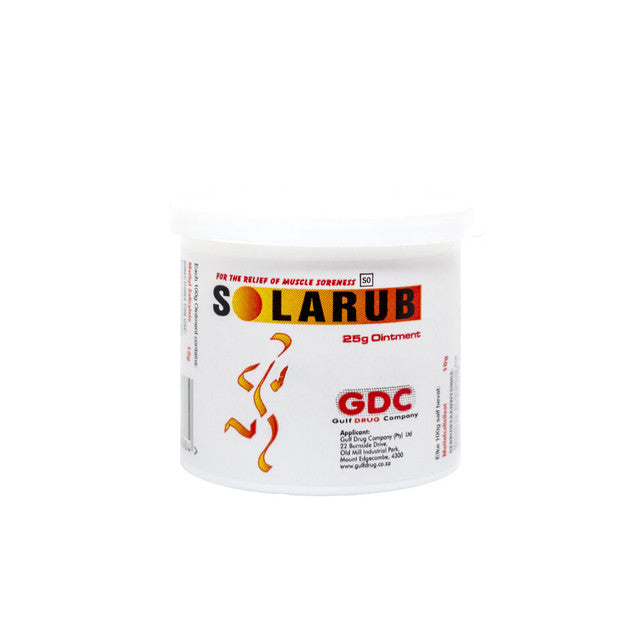 SolarRub Tub 25g is a powerful pain relief ointment designed to ease muscle soreness, joint stiffness, and minor aches. Its fast-absorbing formula provides targeted relief, making it ideal for athletes, active individuals, and those suffering from everyday discomfort.