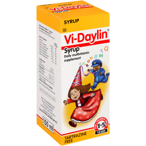 Vi-Daylin Multivitamin Supplement Syrup 150ml is a trusted daily multivitamin designed specifically for children aged 1 to 5 years. Formulated to support healthy growth, immune strength, and cognitive development, it provides a balanced blend of essential vitamins and minerals to fill nutritional gaps in young diets. Free from tartrazine and artificial colourants, this syrup is a gentle yet effective way to promote overall wellness in toddlers and preschoolers.