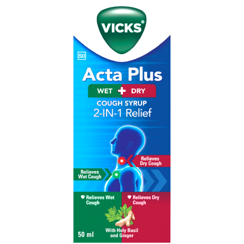 Vicks Acta Plus Cough Syrup 50ml with Holy Basil and ginger is specially formulated to provide 2-in-1 relief for both wet and dry coughs.