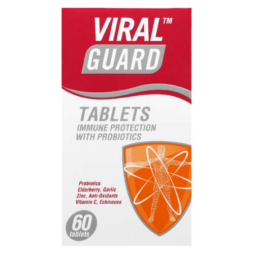 Viral Guard Colds &amp; Flu Immune Protection 60 Tablets combines probiotics, elderberry, garlic, zinc, vitamin C &amp; D, and echinacea to support the immune system.