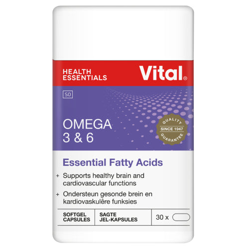 Vital Omega 3 and 6 Concentrate 30 Capsules contain fish and flaxseed oils, which are high in omega 3, and borage oil, a good source of omega 6. Both omegas work together to improve general health, including immune system functions, memory and cholesterol levels. Vital omega 3 and 6 concentrate capsules contain omega 3 fatty acids from fish and flaxseed oils, and omega 6 fatty acids from borage oil. Omega 3 fatty acids are traditionally used to support the immune, cardiovascular