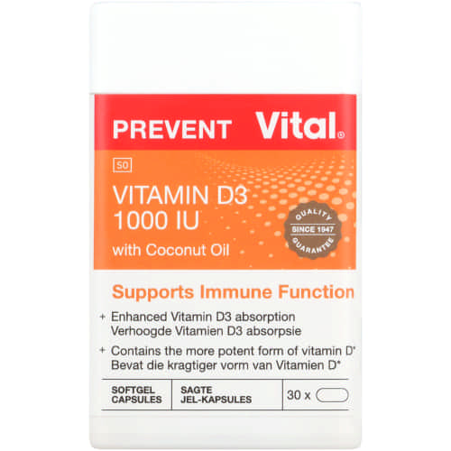 Vital Vitamin D3 1000IU 30 Capsules is a health supplement that supports a healthy functioning of the immune system and the development and maintenance of strong bones and normal muscle function. Additionally, this supplement contains coconut oil which is a source of antioxidants.