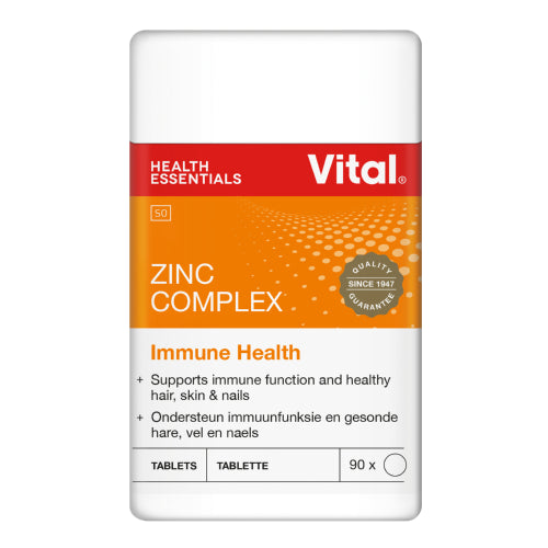 Vital Zinc Complex 90 Tablets is a daily zinc supplement free from artificial colourants, sweeteners and additives. It helps maintain immune function and cell growth, and also supports healthy skin and nails, and wound healing.