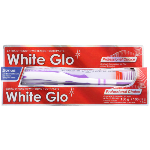 White Glo Professional Choice Toothpaste 150g gives you fluoride protection against cavities. The effective Anti-Stain whitening formula has micro-polishing particles to illuminate teeth, banish discolouration and yellow stains, and the included tootbrush