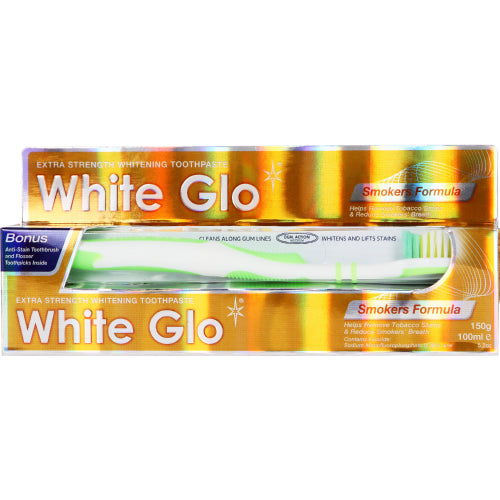 White GloSmokers Toothpaste 125ml helps remove tobacco stains and helps to reduce smokers' breath. The fluoride protection and effective Anti-Stain whitening formula has micro-polishing particles to illuminate teeth and banish discolouration and yellow stains - so you can smile with confidence. The included toothbrush with zig-zag bristles offers the world's best oral care combination!