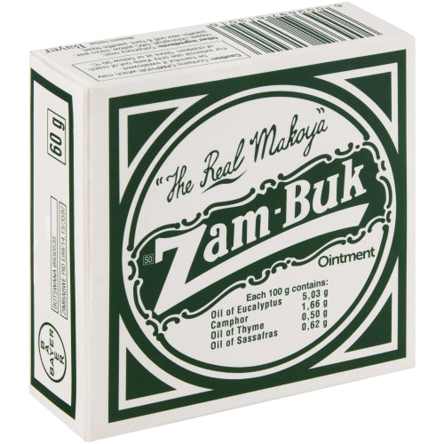 Zam-Buk The Real Makoya Herbal Ointment 60g is made with eucalyptus oil, camphor, thyme oil and sassafras oil, and is a herbal ointment perfect for a range of skin conditions. Use it to moisturise dry, flaky skin or to soothe scrapes, burns, insect bites and other minor skin ailments.