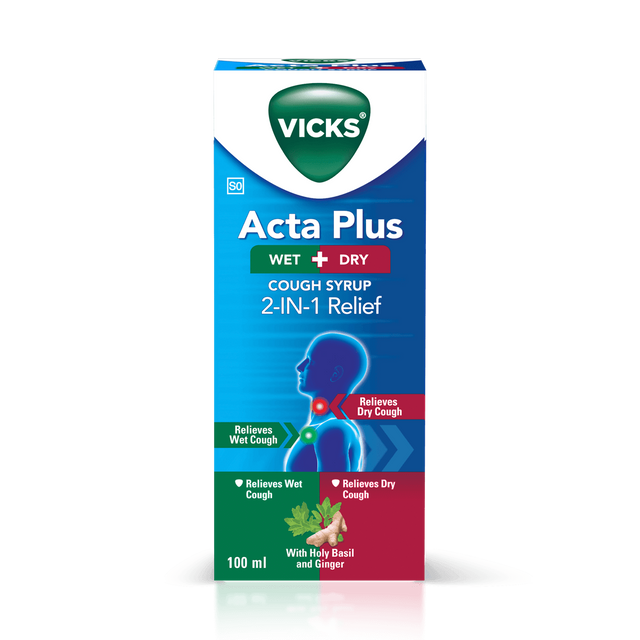 Vicks Acta Plus Cough Syrup 100ml with Holy Basil and ginger is specially formulated to provide 2-in-1 relief for both wet and dry coughs