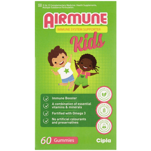 Airmune Immune System supporter immune booster for kids containing essential vitamins and minerals. Fortified with omega 3, it is gluten free, vegetable friendly, has no artificial colourants, and free of preservatives.