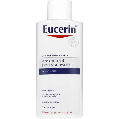 Eucerin Ato Control Bath & Shower for daily cleaning of dry irritated skin and itching with omega preventing further dryness.