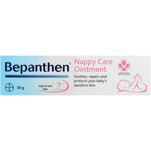 bepanthen cream 30g protective baby ointment prevent and care for nappy rash & soothe sore and cracked nipples that develop during breastfeeding free from colouring, fragrances and preservatives.