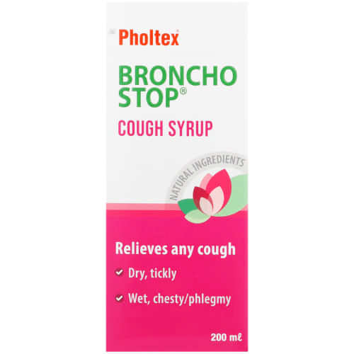 Pholtex Bronchostop Cough Syrup 200ml acts in all stages of a cough associated with a cold, providing one product to help relieve any cough whether wet, chesty, dry, tickly or with mucus.