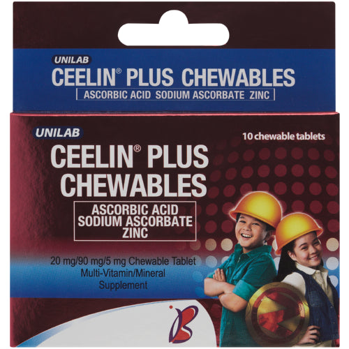 Unilab Ceelin Plus Chewables 10 Tablets helps boost children’s immunity double protection against sickness with Vitamin C and Zinc.