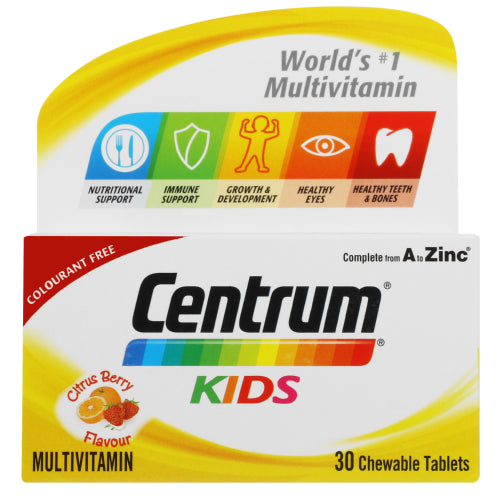 Centrum kids 30s citrus Berry It contains a special selection of vitamins and minerals to supplement their intake of healthy foods and antioxidants to support their immune system. Also supports growth development, eye health, and healthy teeth and bones